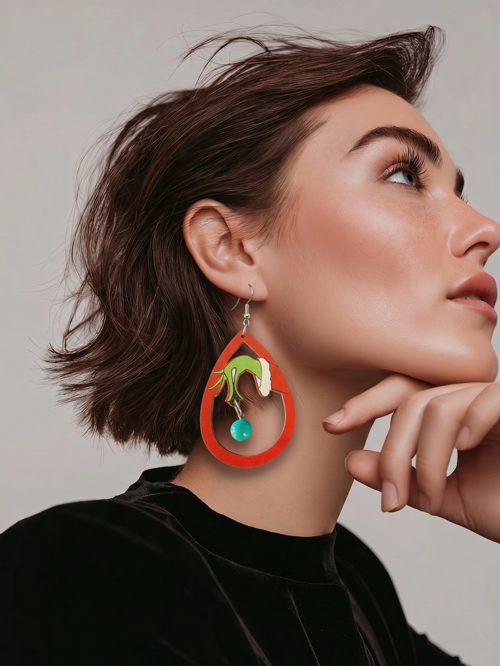 The Grinch Wooden Teardrop Earrings with Turquoise Ornament